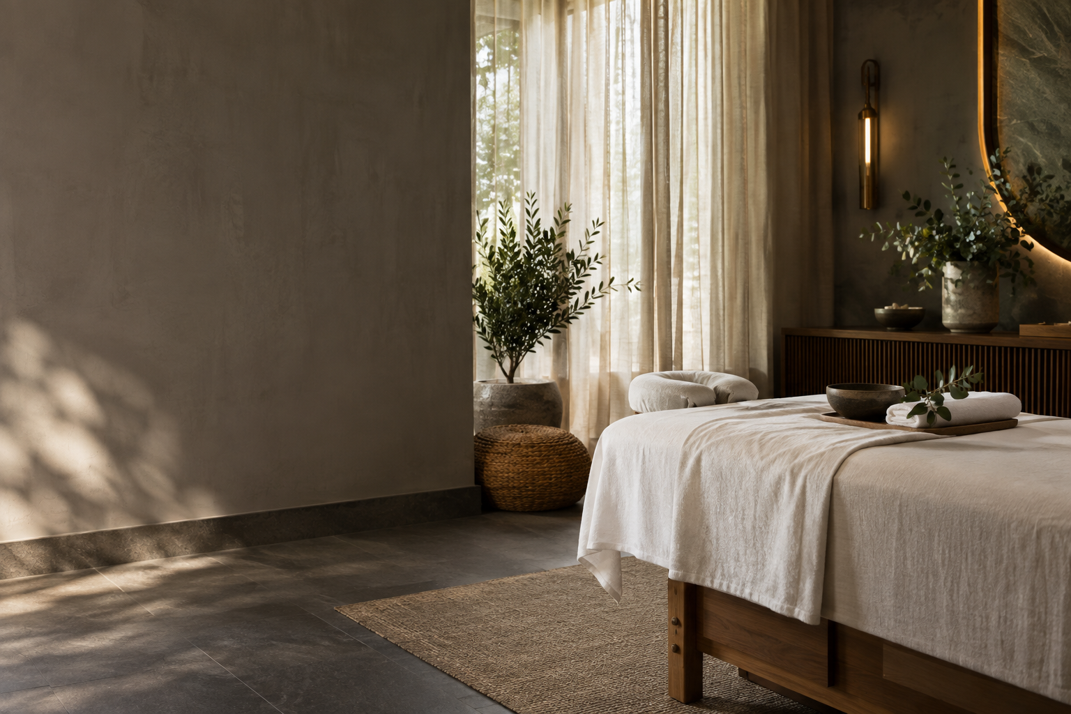Quiet wellness treatment room with a prepared massage table